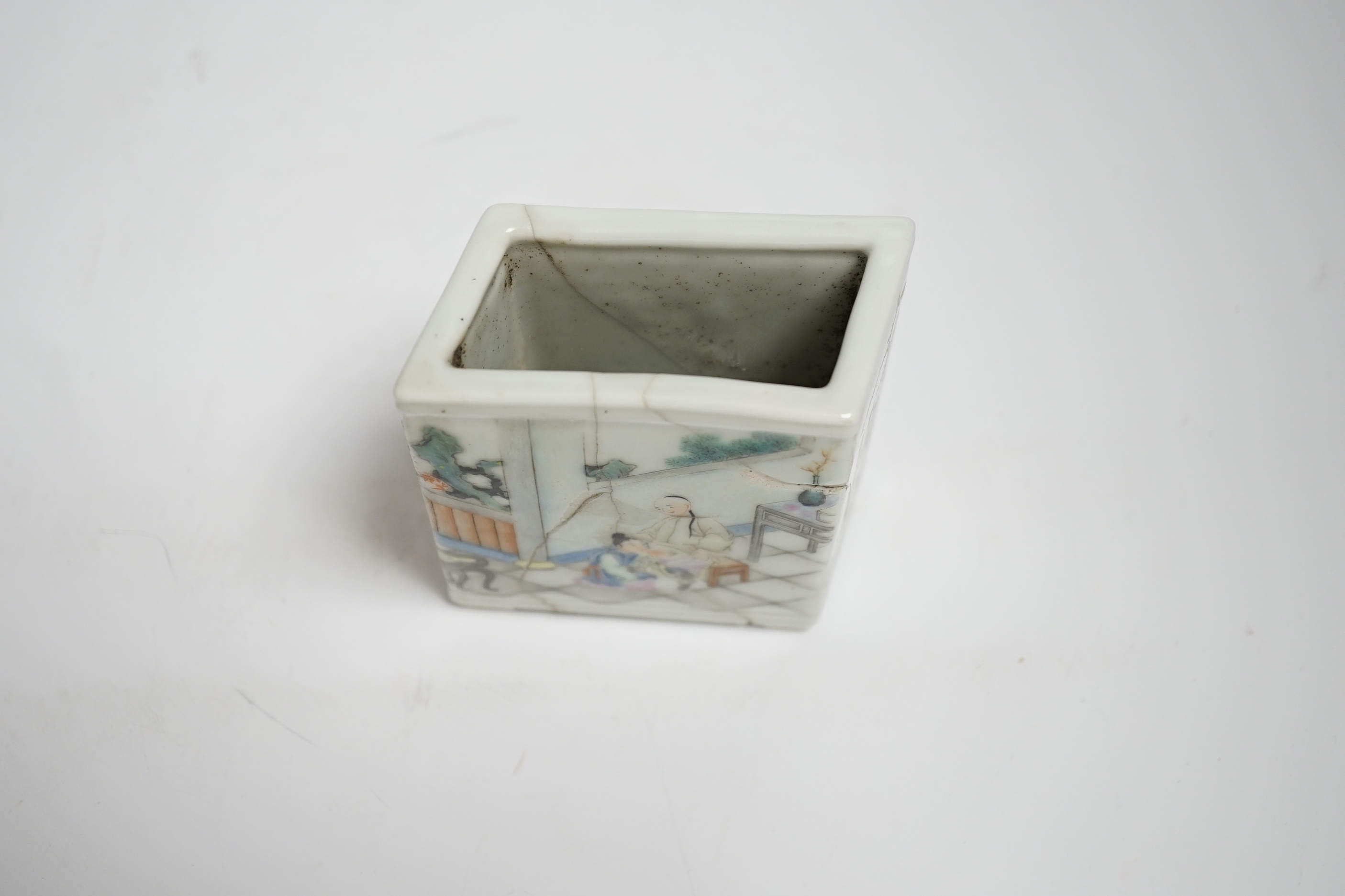 A Chinese famille rose erotic brushpot, bitong, 19th century, (a.f) 10cm, apocryphal Qianlong mark